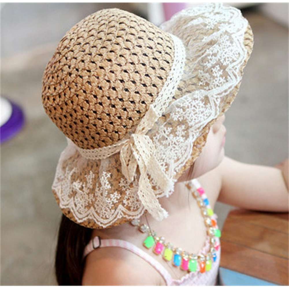 

1-3-year-old girl's sunshade straw hat 2 sunscreen lace fisherman's leisure parent-child Beach Hat children's basin summer, Yellow