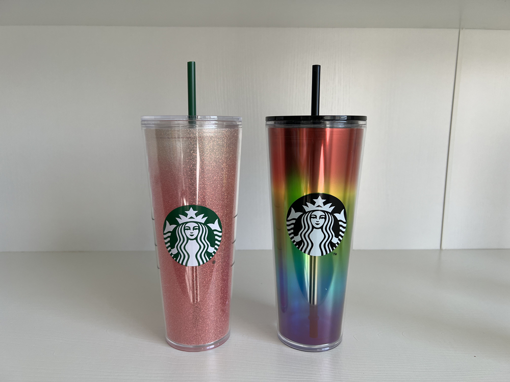 

Starbucks Mermaid Tumblers 24OZ rainbow transparent and gradient powder Reusable double-layer plastic cup, Multi-color