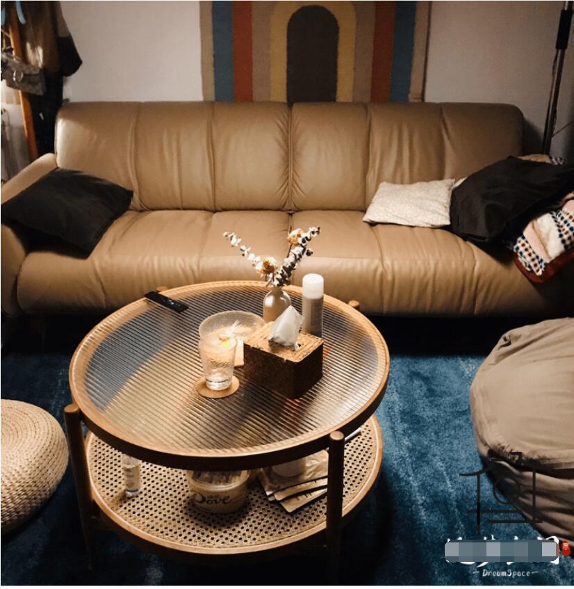 Solid wood rattan small tea table Living Room sofa side cabinet modern bedside round tables bedroom household-image-709637336