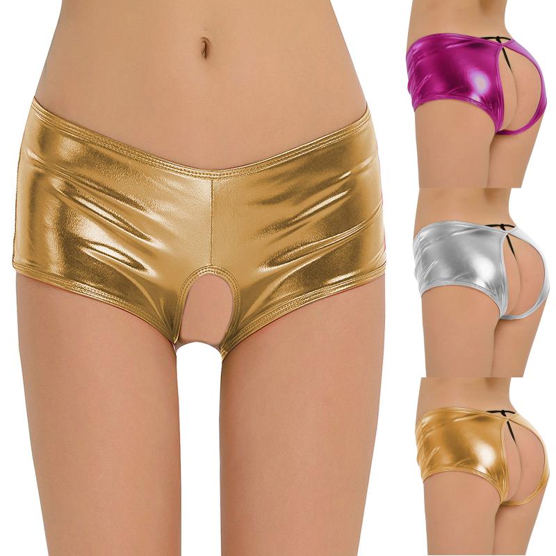 

Fashion Ladies Sexy Patent Leather Underwear Night Hollow Shorts Novelty And Unique Panties Women's, Silver