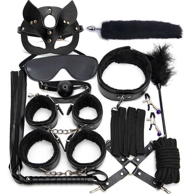 

Black 12 Pcs/set Sex Products Erotic Toys for Adults Games BDSM Sex Bondage Set Handcuffs Nipple Clamps Gag Whip Rope Sex Toys 210629