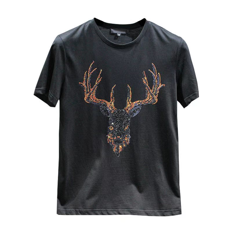 

tide brand mercerized cotton t shirt men's summer fashion round neck deer head diamond half-sleeved t-shirts, White;black
