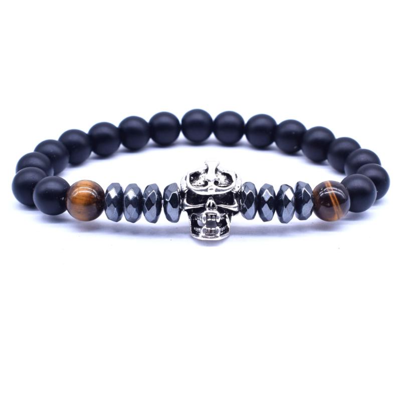

Charm Bracelets 2021 Design Men Jewelry Skull Bracelet 8mm Black Stone With Hematite Spacer Beads For Armband Heren