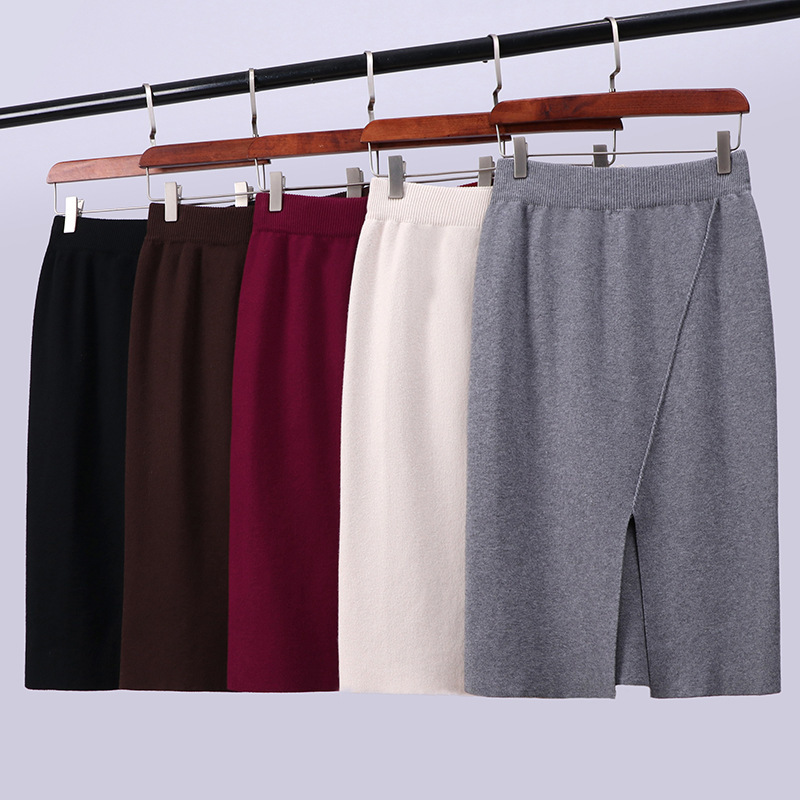 

Autumn Winter Office Lady Split Skirt Women Solid Elegant High Waist Knitted Hip Midi Female Casual 210520, Apricot