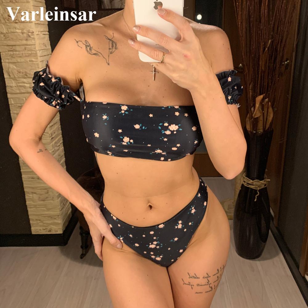 

20212021 floral off shoulder bikini female swimsuit women swimwear two-pieces bikini set mid waist bather bathing suit swim v1671, White;black
