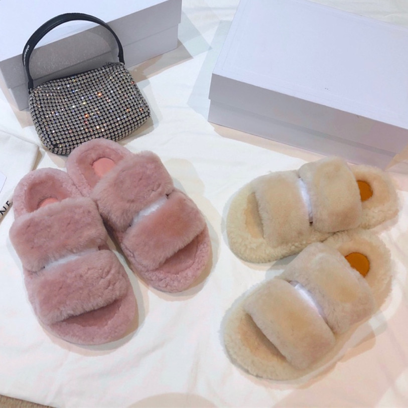 

Designer Thick Sole Women Wool Slippers High Quality Leather Flip-flops Winter Home Warm Comfortable Loafers Luxury Fashion Non-slip Open-to, Black