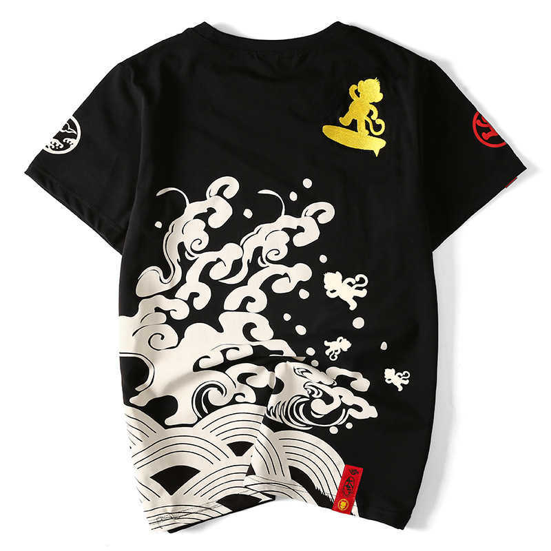 

Harajuku T Shirt Men Embroidered monkey Japanese T-shirt Hip Hop Streetwear Tshirt Cotton Summer Short Sleeve Tops Tee 5XL 210527, Black