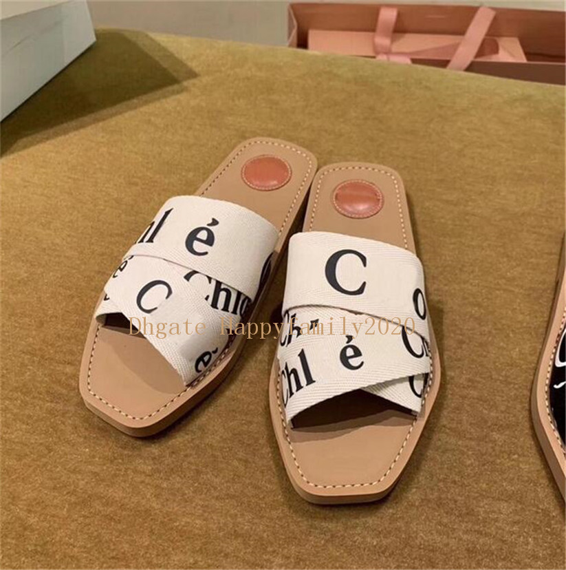 

cb 2021 Newest Branded Women Woody Mules Fflat Slipper Deisgner Lady Lettering Fabric Outdoor Leather Sole Slide Sandal 01, Black