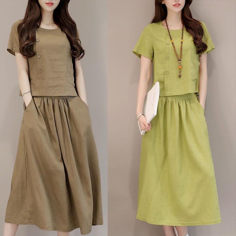 

solid color retro summer women dress 2 piece set button short sleeve shirt and female casual boho skirt suit, White