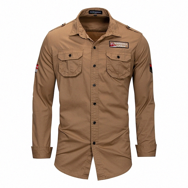 Chemise Hommes Color Solid Collier Street Daily Button Down Toile à manches longues Coton Casual Casual Style militaire Military Armée Vert Kaki