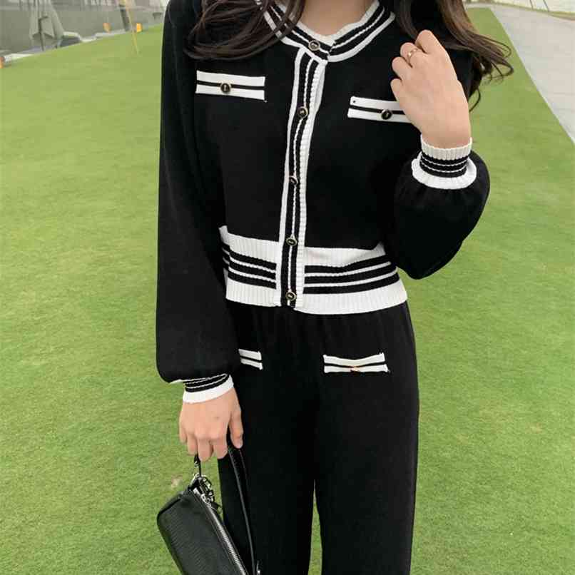 

Fashion women' suit temperament contrast color round neck sweater + loose wide-leg pants fashionable two-piece 210520, Black