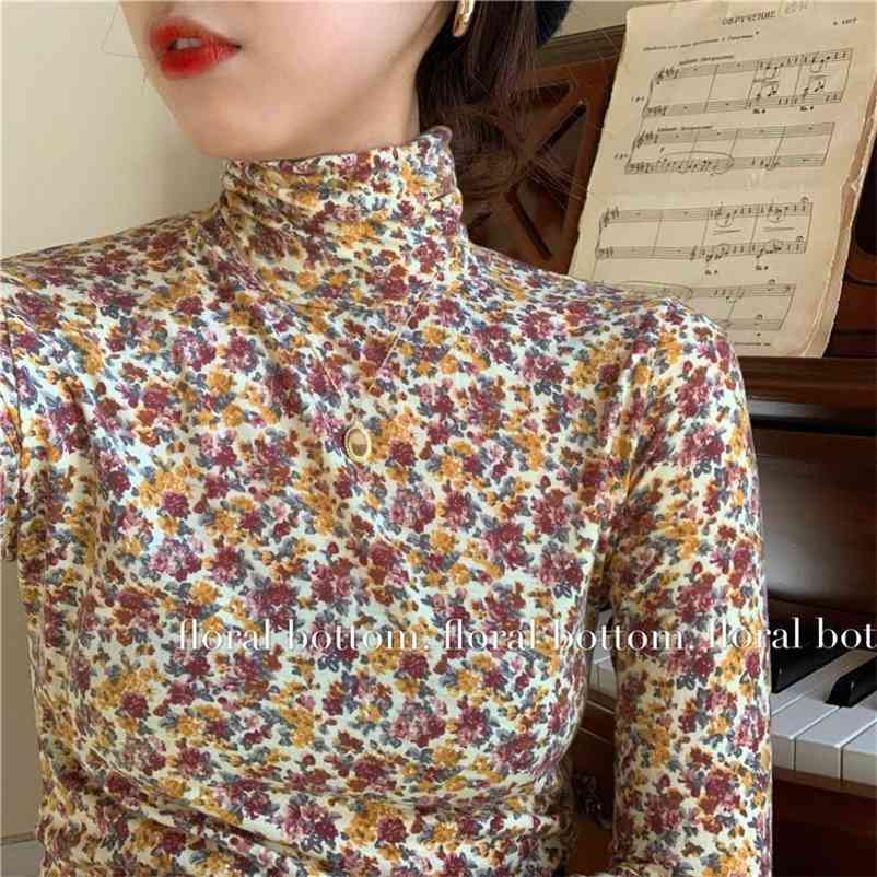 

Women Autumn Cute Vintage Turtleneck Tops Lady Slim Korean Long Sleeve Blouse Temperament Floral Printed T-Shirts 210519, Beige