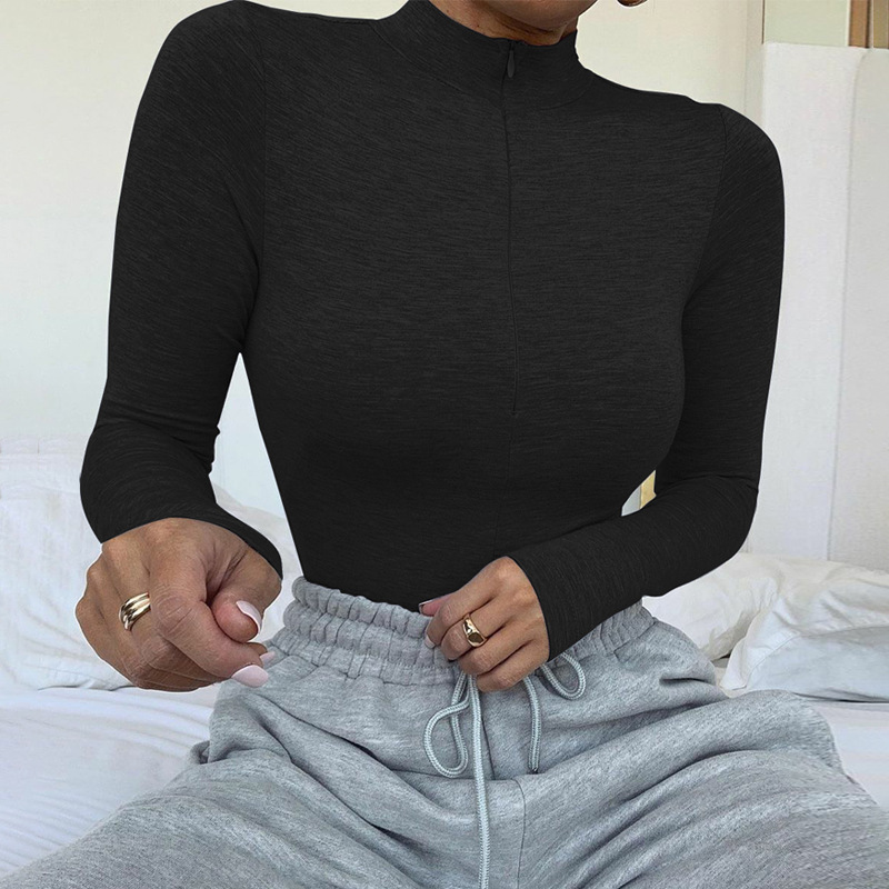 

Long sleeve Bodysuit Women 2021 Winter Velvet lining Warm Body Womens O-neck Zip Up Stretch Bodysuits Sexy Female Outfits, Black