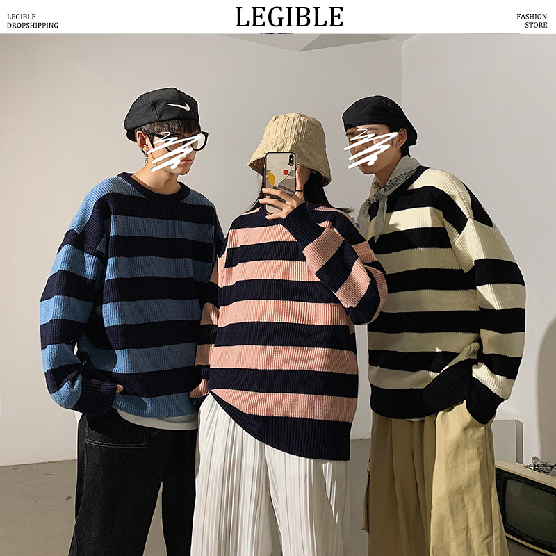 

LEGIBLE Striped Men Sweaters 2021 Autumn Korean Style Mens Pullovers Harajuku Streetwear Male Clothing Couple Sweater, Molv