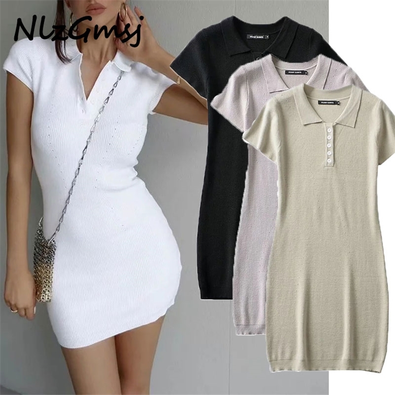 

Dres Knitted Mini Summer Short Sleeve Elegant Straight Turn Down Collar Chic es 04 210628, As picture