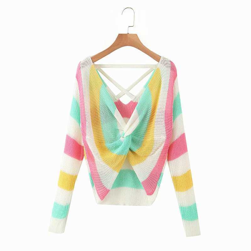 

women fashion v neck colorful striped knotted knitting sweater ladies long sleeve thin sweaters chic casual slim tops S326 210603, Fxjc s326r