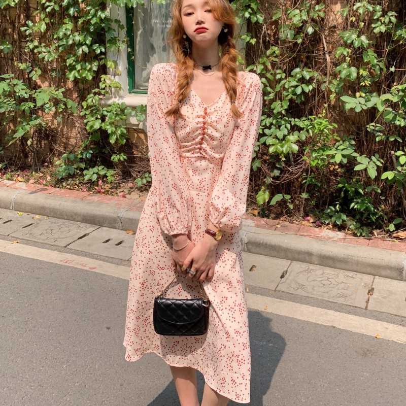 

Spring polka Dot Print Party Dress Women Elegant V- Neck Long Sleeve Casual Chiffon Bohemia Vestidos 210526, Photo color