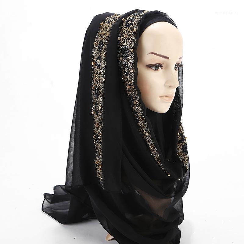 

Scarves Women's Solid Headdress Gold Line Chiffon Shawl Lady's Fashion Lace Patchwork Scarf