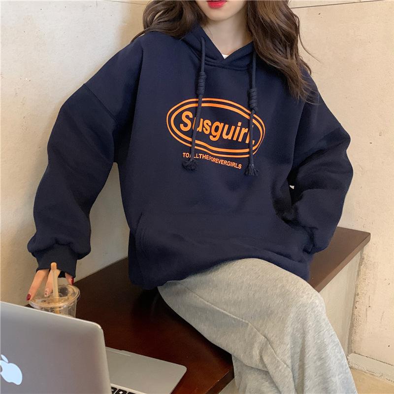 

Women's Hoodies & Sweatshirts Super Fire Plush Hoodie Letter Printed In Autumn And Winter 2021 Korean Loose Jacket, Black