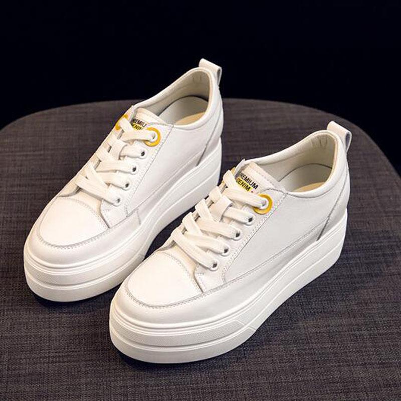 

Dress Shoes Autumn 2021 Split Leather High Platform Sneakers Women Breathable Increase Casual White Female Pumps Pf-168