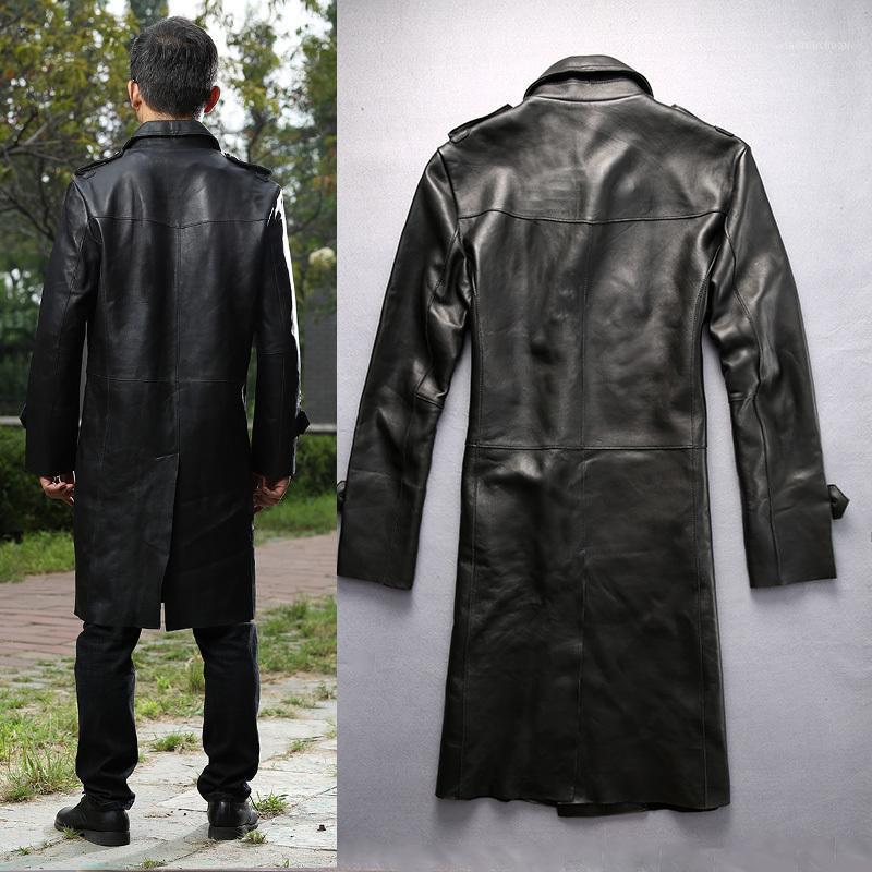 

Men's Leather & Faux Fashion Long Sheepskin Wide Waisted Autumn Trench Double Breasted Business Style Winter Coat Men, Black