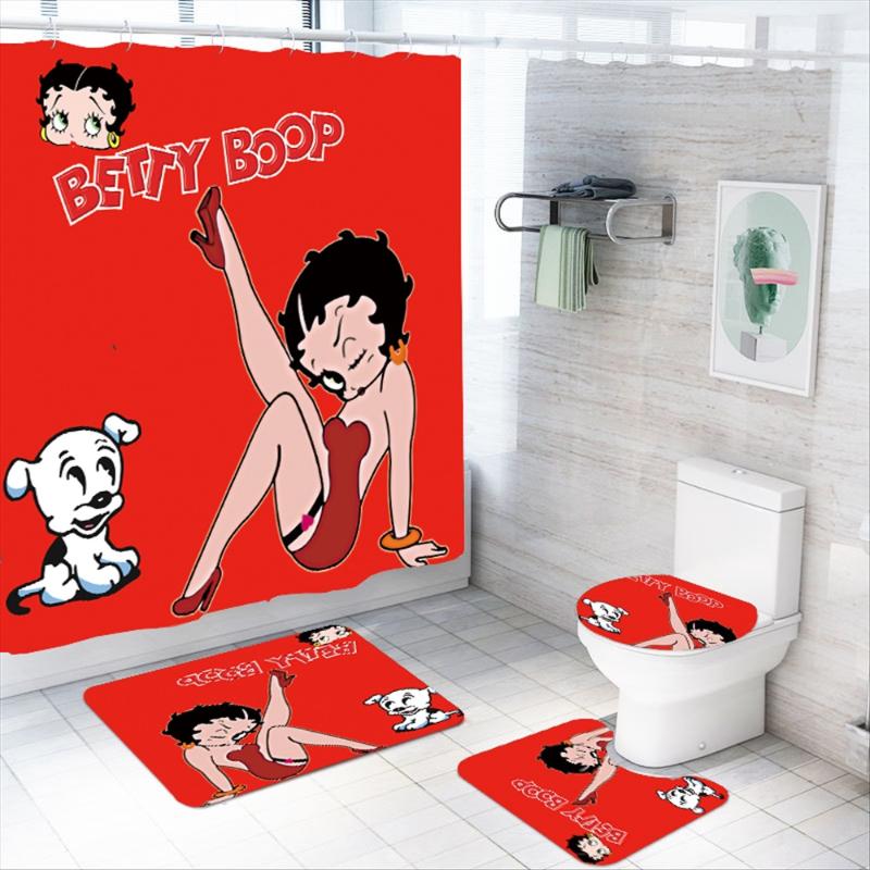 

Cartoon Betty Boop Shower Curtain Waterproof Polyester Fabric Bath Toilet Lid Cover Rugs Mat Set 4 Piece Decor Accessory