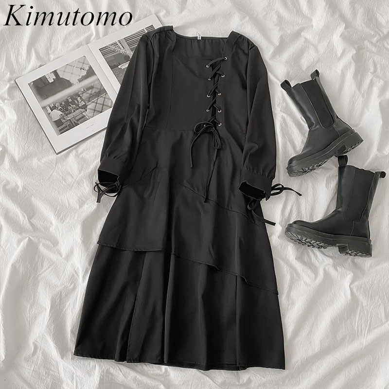 

Kimutomo Solid Color Dress Spring Korean Style Female Square Collar Long-sleeve Bandage Black Elegant Vestido De Mujer 210521