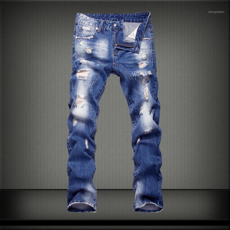 

Men's Blue Jeans Summer Fashion Casual Straight Loose Large Size Vintage High Street Hole Elastic Denim Trousers 40