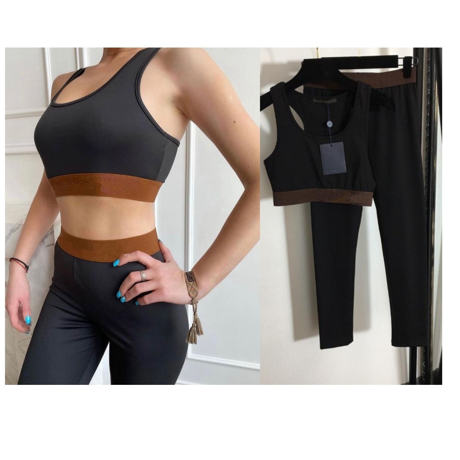 

High Quality luxury Two Piece pants Summer and Spring Women Letter Ribbon Elastic Waist Tank Crop Top + Slim Leggings, As photo