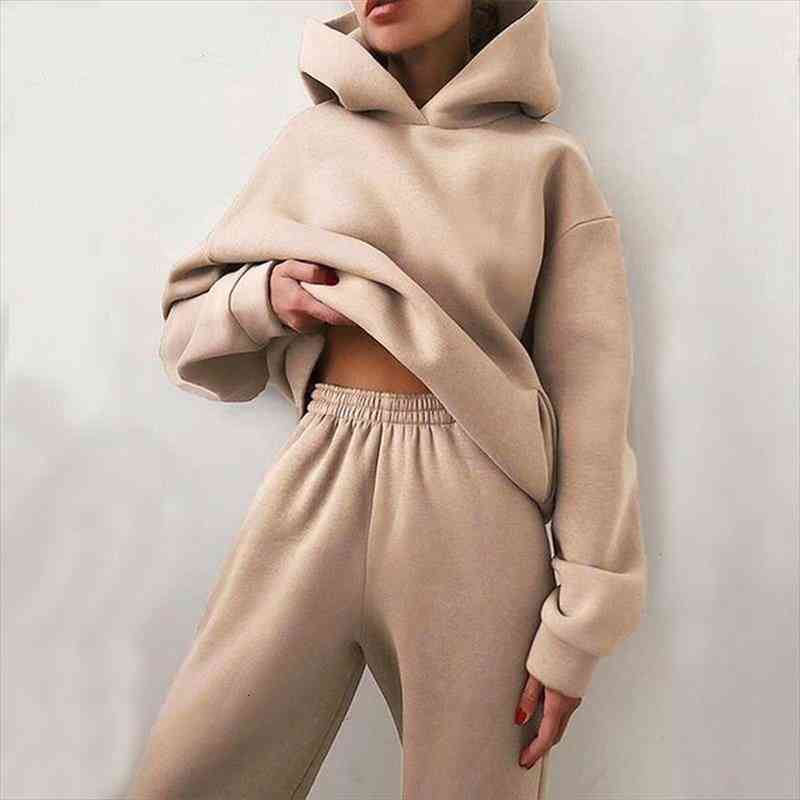 

women tracksuit winter two piece set hoodies pants sets female tracksuit solid casual sports suit loose outfits ensemble femme, White