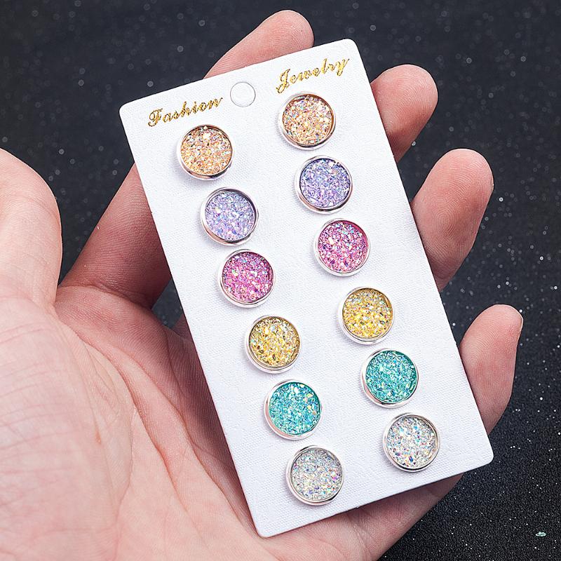 Stud 6Pairs Stainless Steel Resin Starry Sky Earrings 2021 Trendy Imitation Gem Jewelry For Women Wholesale Brincos-image-708671006