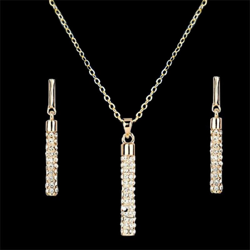 

Earrings & Necklace Fashion Trendy Party Jewelry Sets Wholesale Full Crystal Rhinestone Solid Cylinder Pendant Set For Women, As pic