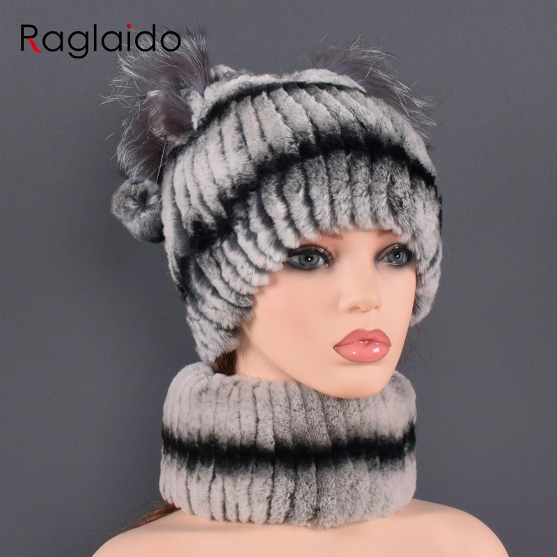 

Berets Natural Fur Winter Women Hat Scarf Sets Arrivals Fashion Style Real Pompom Lady Caps, Grey
