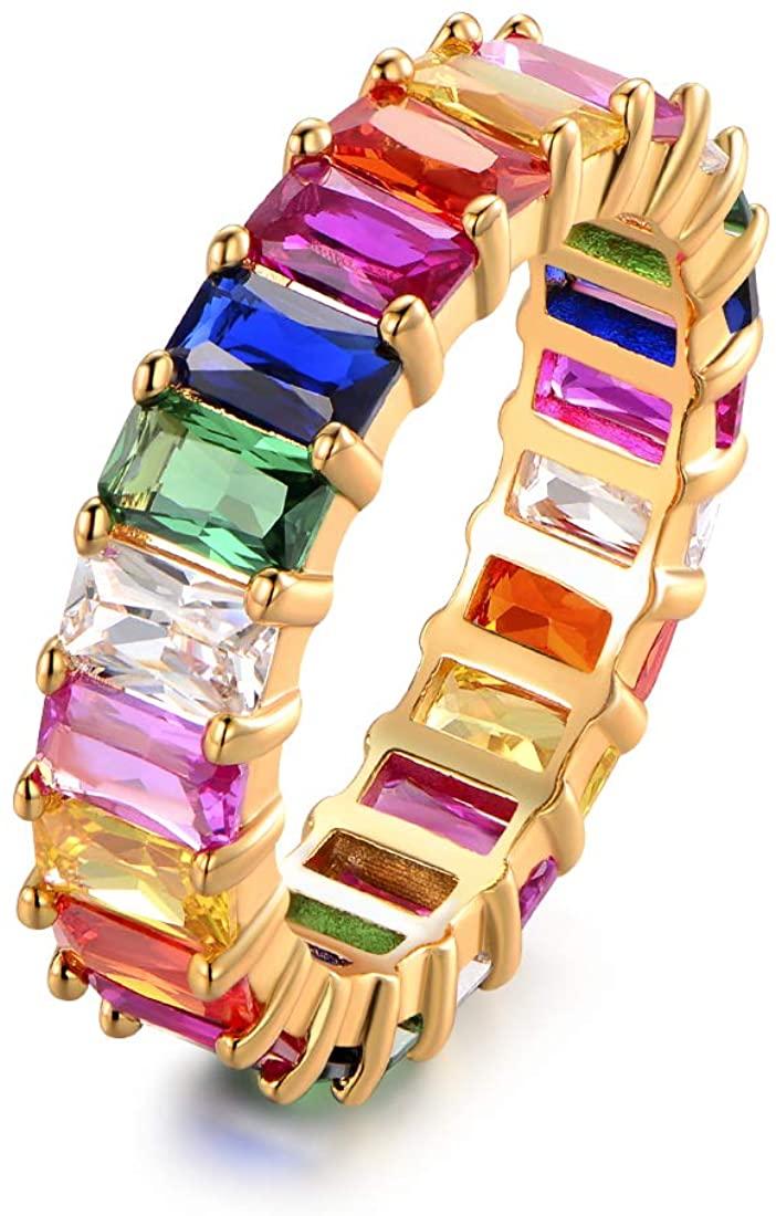 

Wedding Rings Eternity Rainbow Ring Band For Women 18K Gold Plated Emerald-Cut Multi Color Created-Gemstone