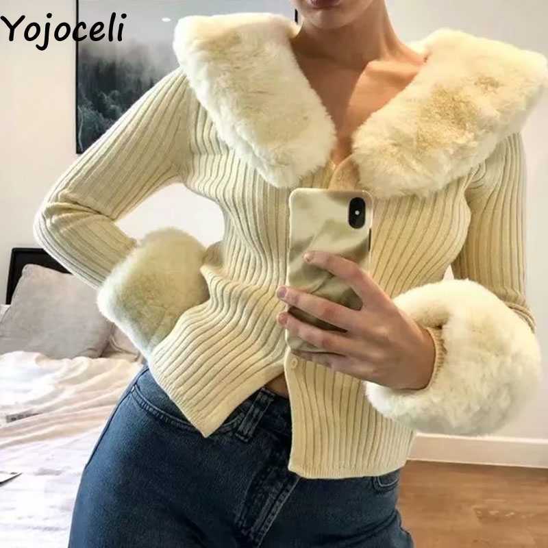 

Yojoceli Elegant faxu fur knitted women cardigan Autumn sexy green sweater female Winter casual cool knitting outerwear 210609, Beige