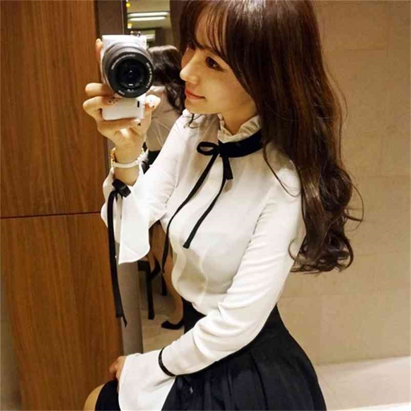 

Dingaozlz Spring Ruffles Women blouse fashion Slim OL White shirt Sweet bow Tops Long sleeve Casual blusas 210517
