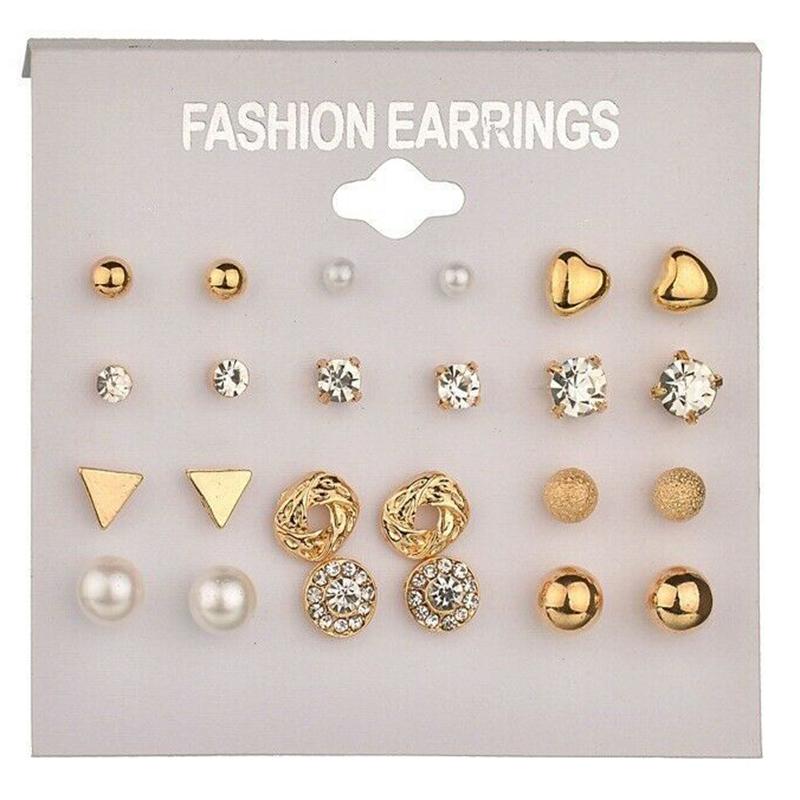 

Stud 12 Pairs Zircon Pearl Earrings For Women Teens Girls Temperament Elegant Style Heart Geometric Earring Set Fashion Jewelry, Golden;silver