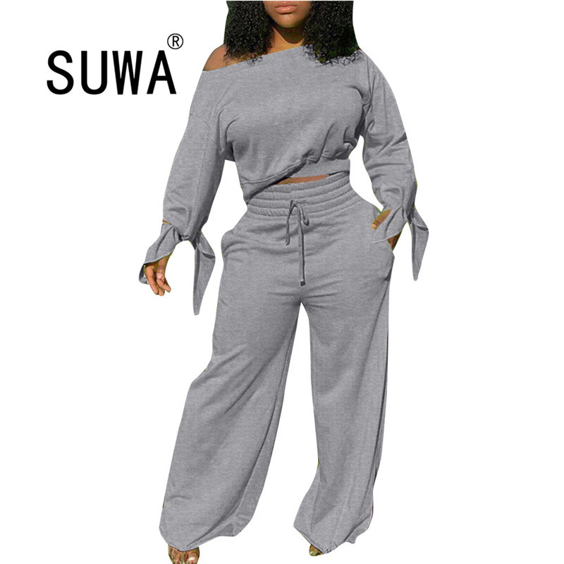 

Product Fall Winter Women Clothing Sets 2 Pieces Outfit Pullover Sweatshirt Retro Top Wide Leg Pants Office Streetwear 210525, Gray