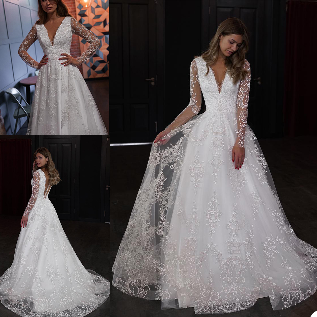 

2021 A Line Wedding Dresses Plus Size Bridal Gowns V Neck Long Sleeve Lace Appliques Covered Button Vestios De Novia, Yellow