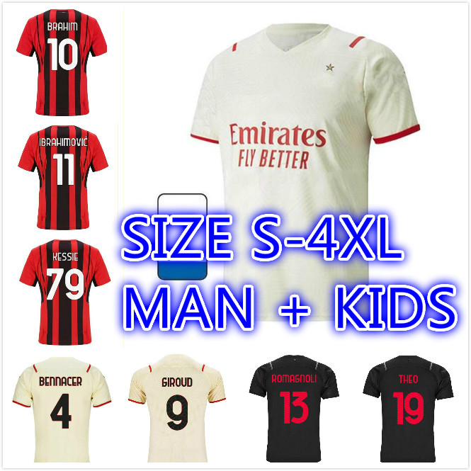 

AC milan 21 22 soccer jersey GIROUD IBRAHIMOVIC BRAHIM BENNACER ROMAGNOLI R.LEÃO 2021 2022 home away Beige football shirt TONALI REBIC maillot men kids kit Size S-4XL, Kids size
