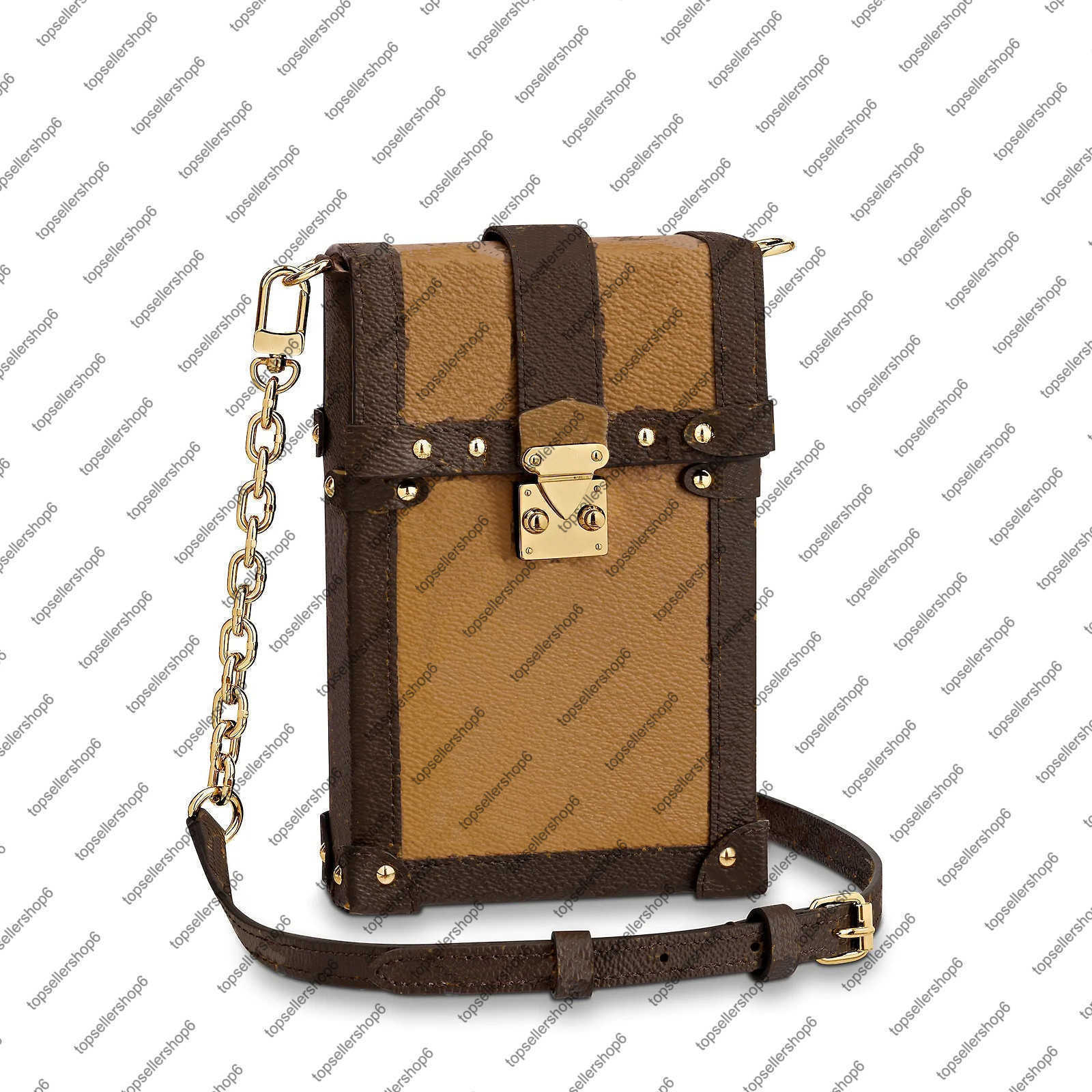 

M63913 M67873 VERTICAL TRUNK POCHETTE canvas Clutch messenger women real leather designer square purse MINI crossbody evening shoulder bag, 1 m63913 brown letter flower print
