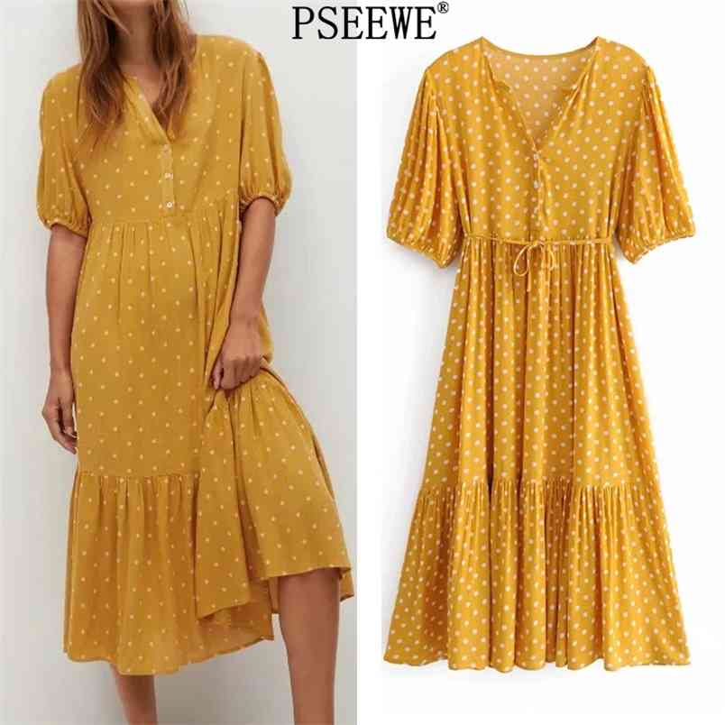 

Polka Dot Woman Dress Yellow Ruffle Long Women Summer Belt Short Sleeve Casual es Holiday Sundress 210519