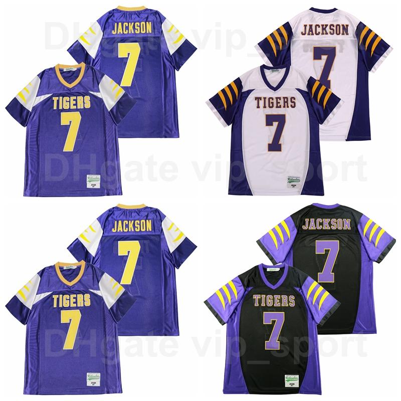 

Men High School Football Boynton Beach Tigers 7 Lamar Jackson Jersey Team Black Color White Away Purple Sport Breathable And Stitched Good Q