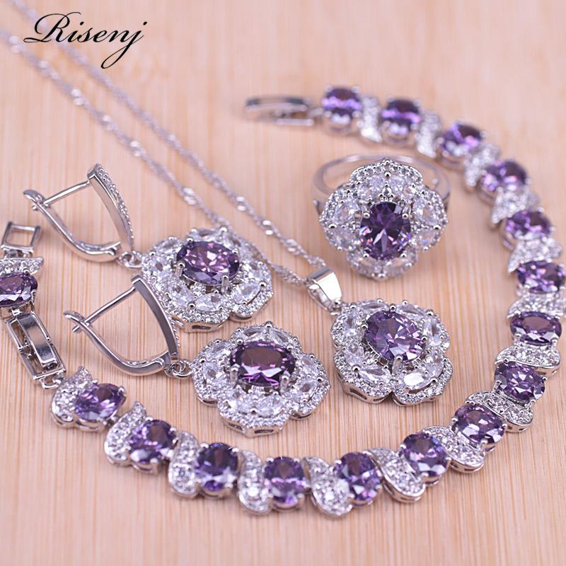 

Wedding Jewelry Sets Risenj Silver Color Purple CZ&Crystal Costume Bridal Set For Women Ring Necklace Earrings Bracelet