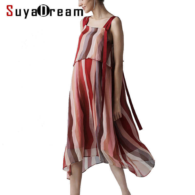 

Women Silk Dress 100%SILK Georgette Striped Print Dress Spaghetti Strap Casual Dresses for Women Summer 210603, Stripe