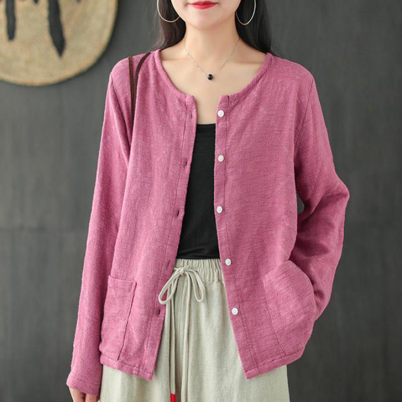 

Johnature Women Simple Retro Cotton Jacquard O-neck Long Sleeve Cardigan Coats Autumn Leisure All-match Fashion Coat 210521, White