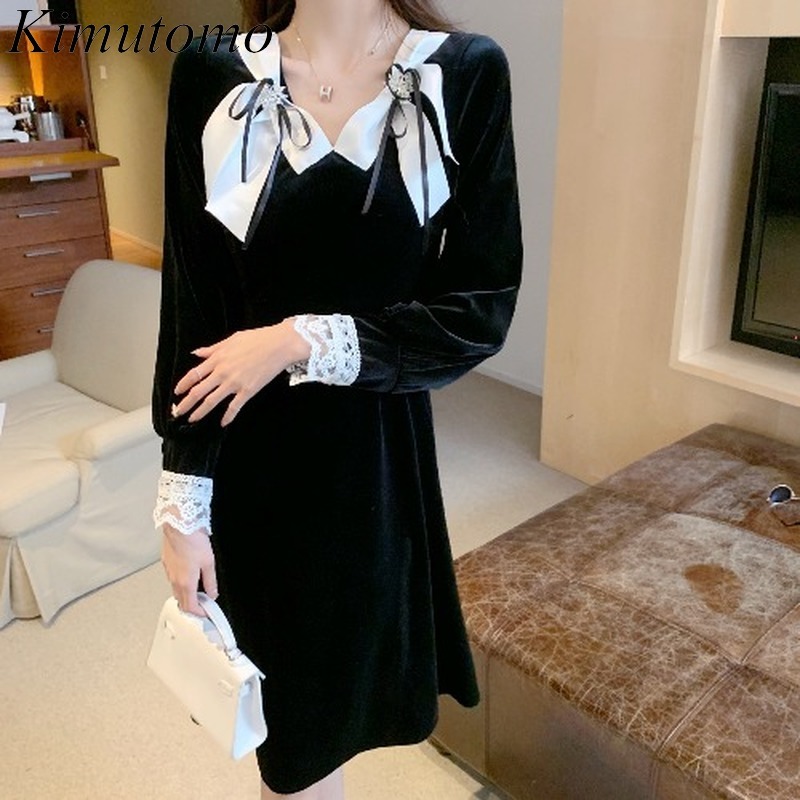 

Kimutomo Vintage Fashion Bow Velvet Dress Women Spring Autumn Chic Female Lace Patchwork Party Dresses Elegant 210521, Photo