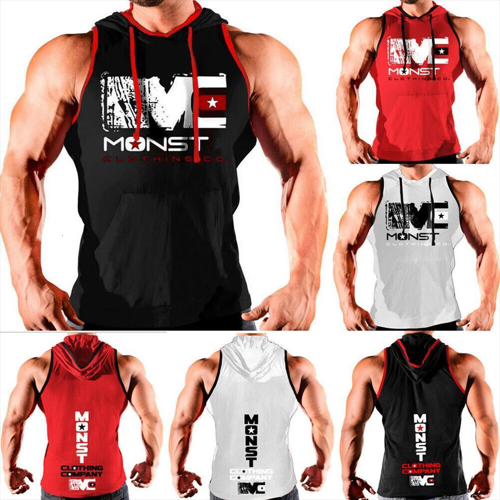 

men hoodie vest muscle stringer bodybuilding gym tank hooded tee, White;black