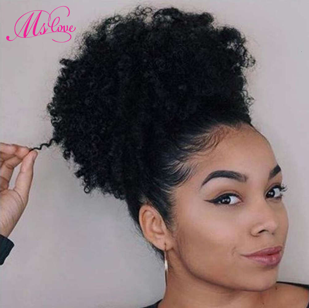 

Afro Puff Kinky Curly Ponytail 100% Brazilian Human Hair Drawstring Ponytail With Clps in For Women Natural Black #2 #4 YMQP, Black;white