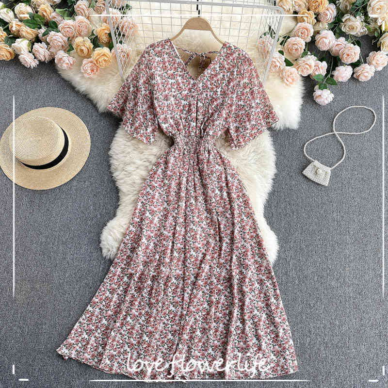 

Aibeautyer Elastic Ruched V Neck Short Sleeve A-line Dresses Summer Bohemian Print Beach Midi Dress Women French Floral Dress 210521, Pink
